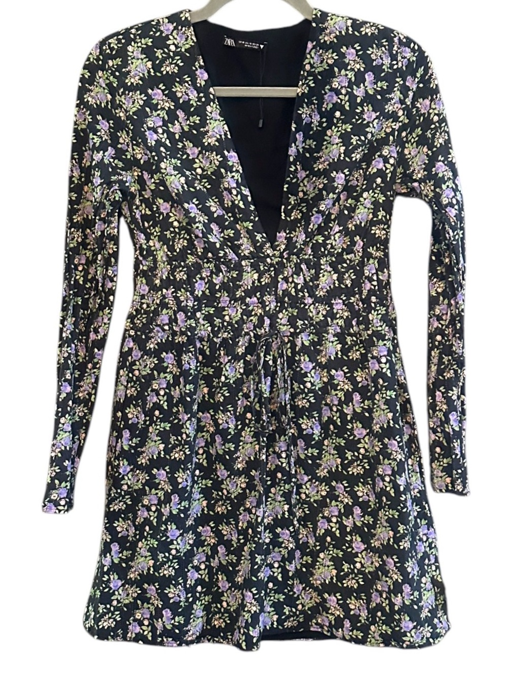 Zara Black Purple Floral Long Sleeve Deep V Mini Dress Size XS EUC